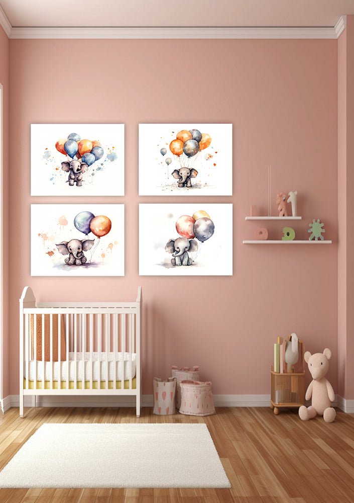 decoración de habitación infantil, laminas infantiles con elefantes y globos medida 30 x 40 