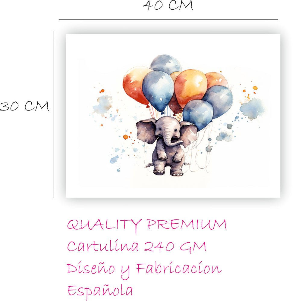lamina descriptiva elefante con globos, calidad premium, cartulina de 240gr, diseño y fabricación española 