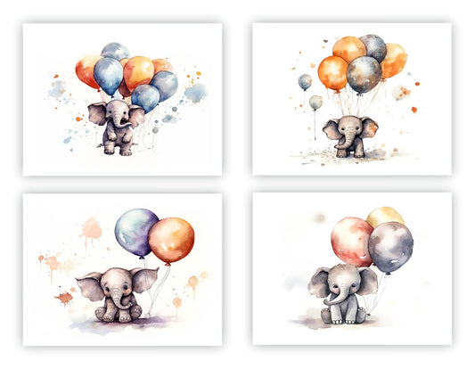 conjunto de 4 laminas infantiles con elefante y globos medida 30 x 40 