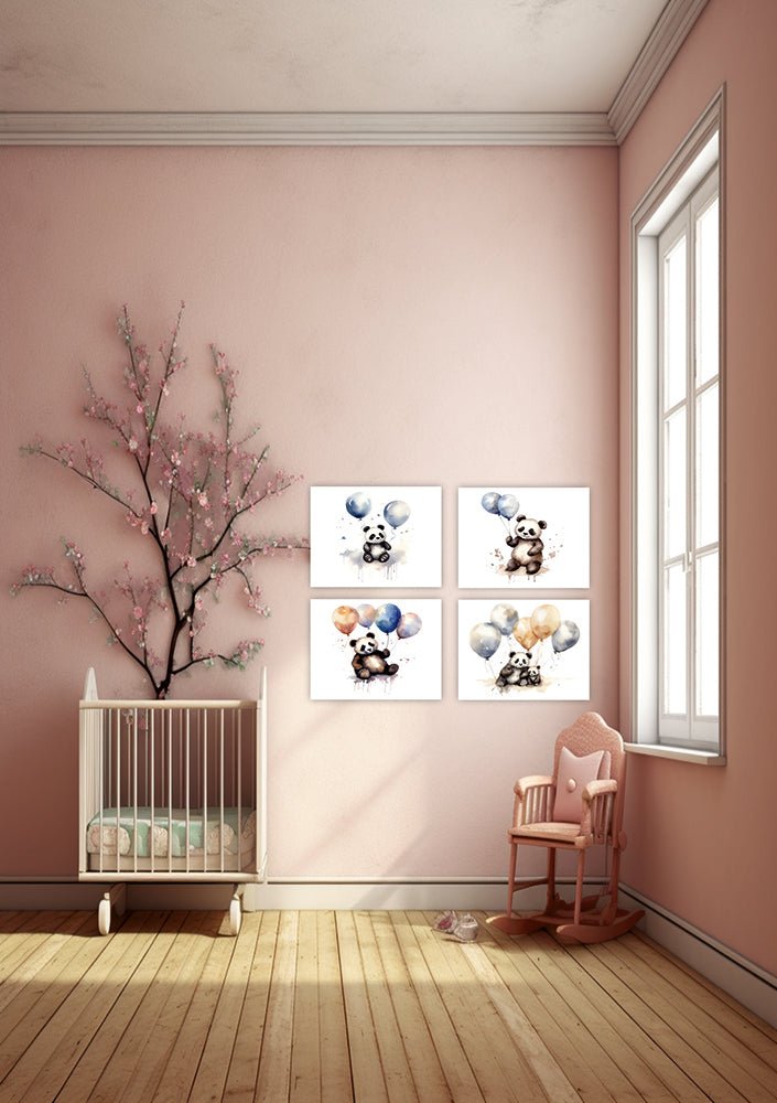 set de 4 laminas infantiles ositos panda con globos 30 x 40 - coco&bambu